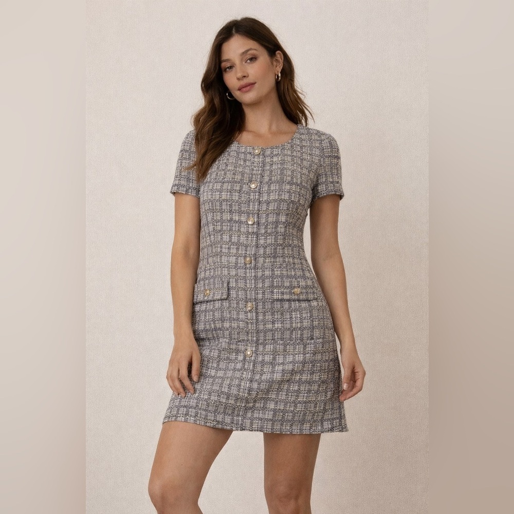 Monteau Los Angeles Tweed Mini Dress Size L Pearl Button Bouclé Dress